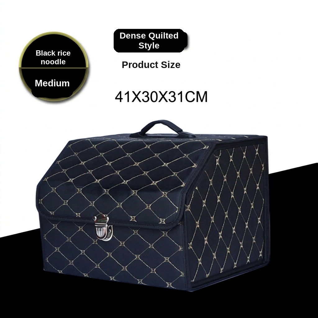 Car trunk storage box, leather foldable car organizer box, large capacity metal locking with handle storage box