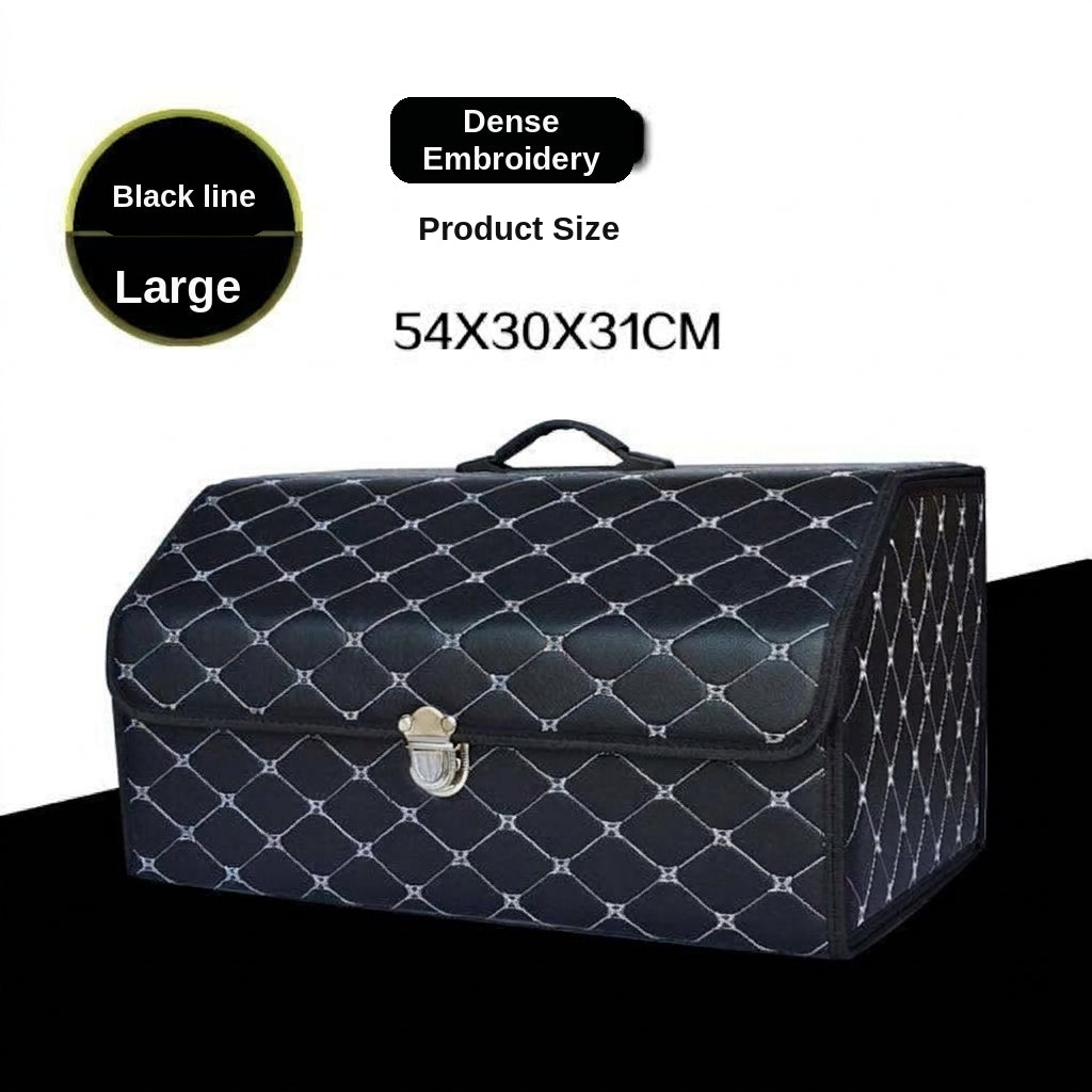 Car trunk storage box, leather foldable car organizer box, large capacity metal locking with handle storage box