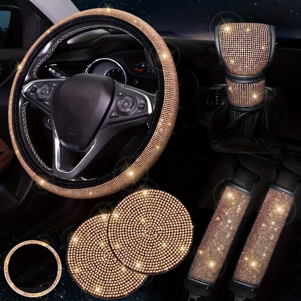 Car steering wheel cover, universal rhinestone-inlaid seatbelt cover, shoulder pad, seven-piece cross-border bestseller set