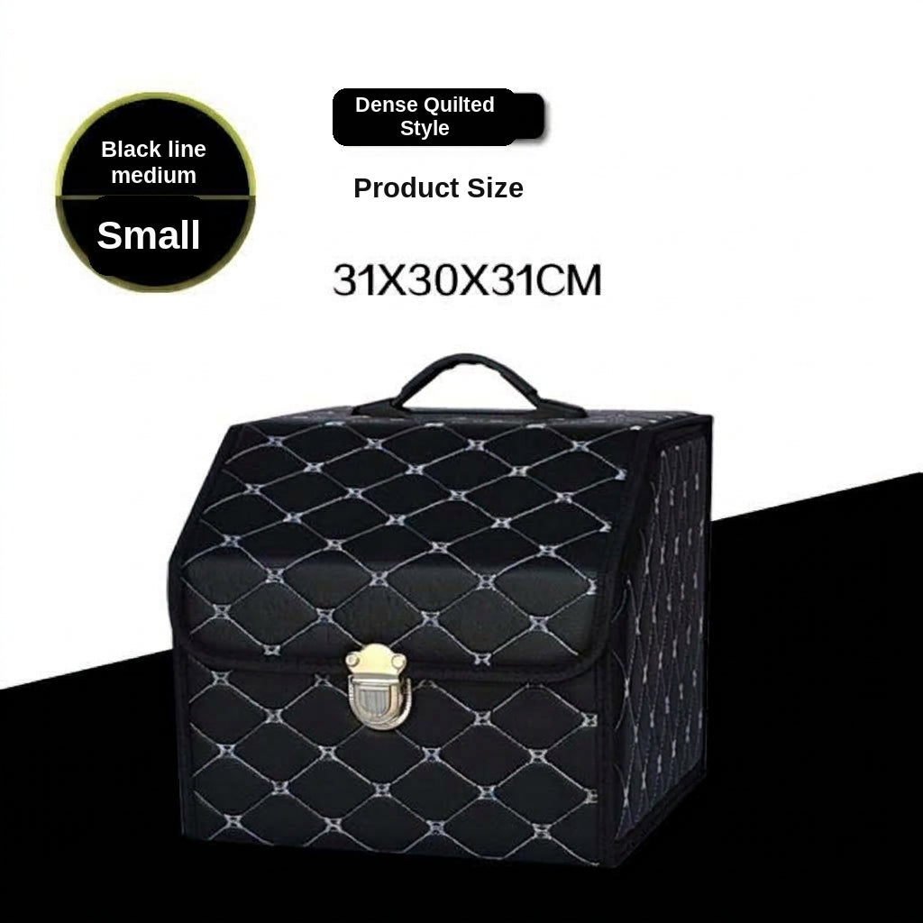 Car trunk storage box, leather foldable car organizer box, large capacity metal locking with handle storage box