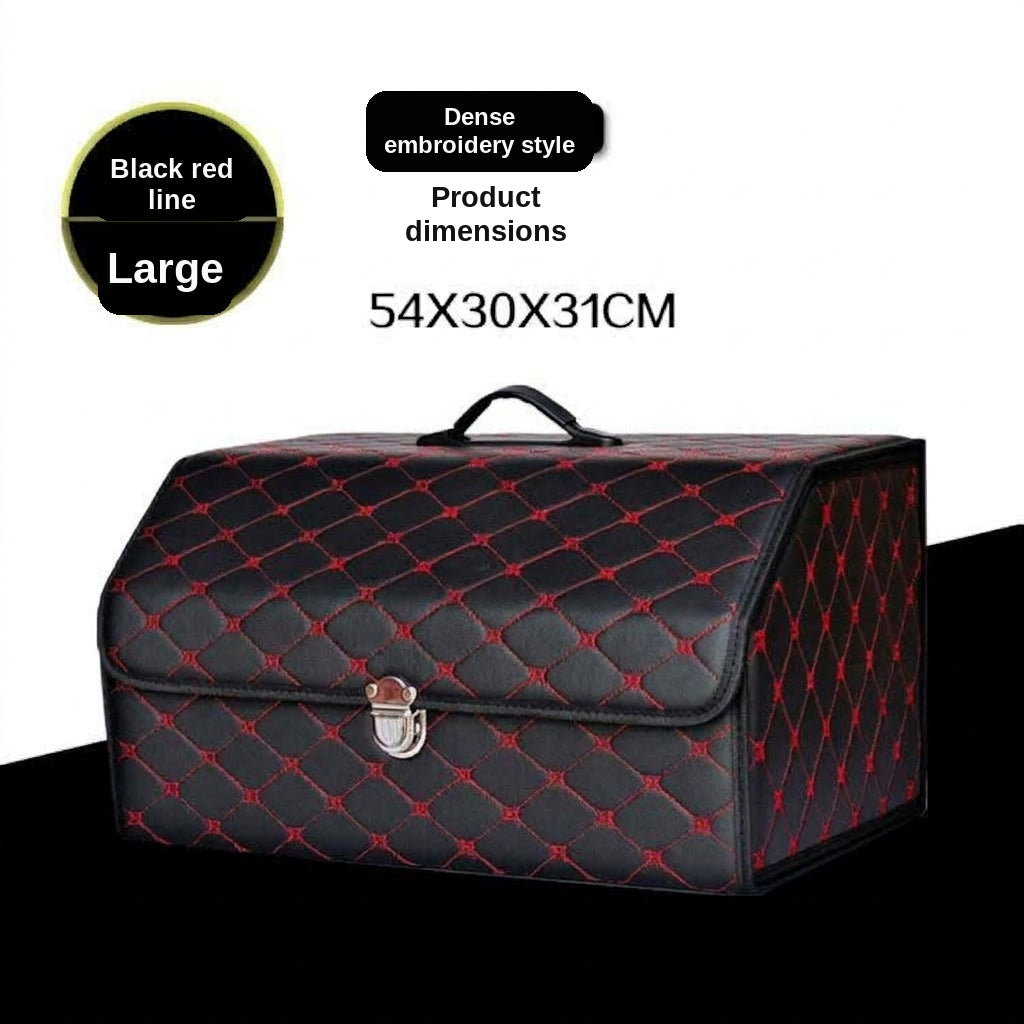 Car trunk storage box, leather foldable car organizer box, large capacity metal locking with handle storage box
