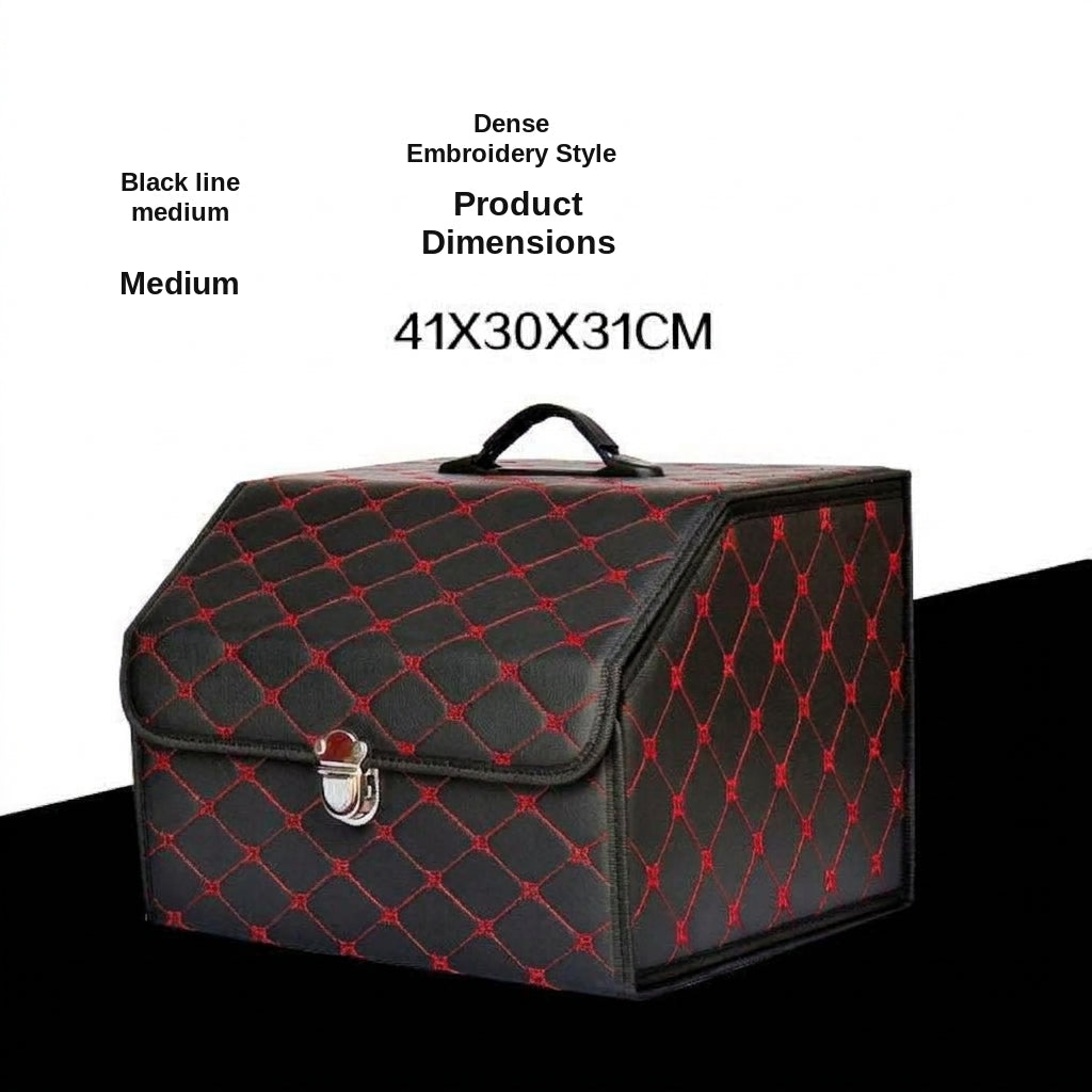 Car trunk storage box, leather foldable car organizer box, large capacity metal locking with handle storage box