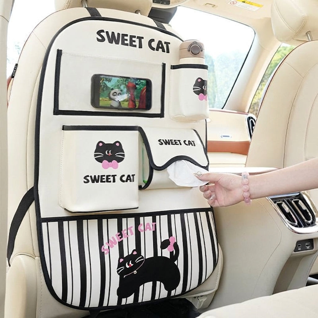 Car seat back storage bag cute cartoon car trash can creative multifunctional car interior anti-kick mat