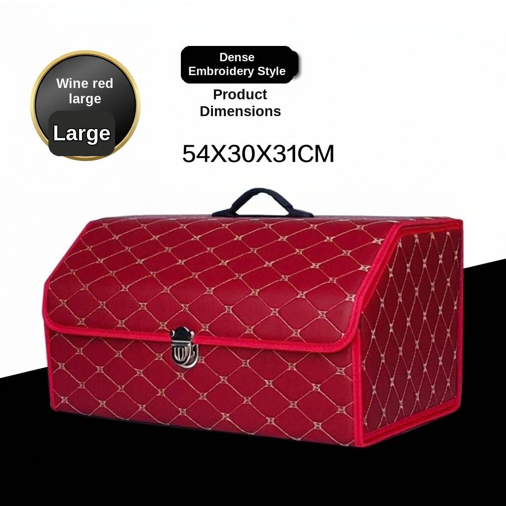 Car trunk storage box, leather foldable car organizer box, large capacity metal locking with handle storage box