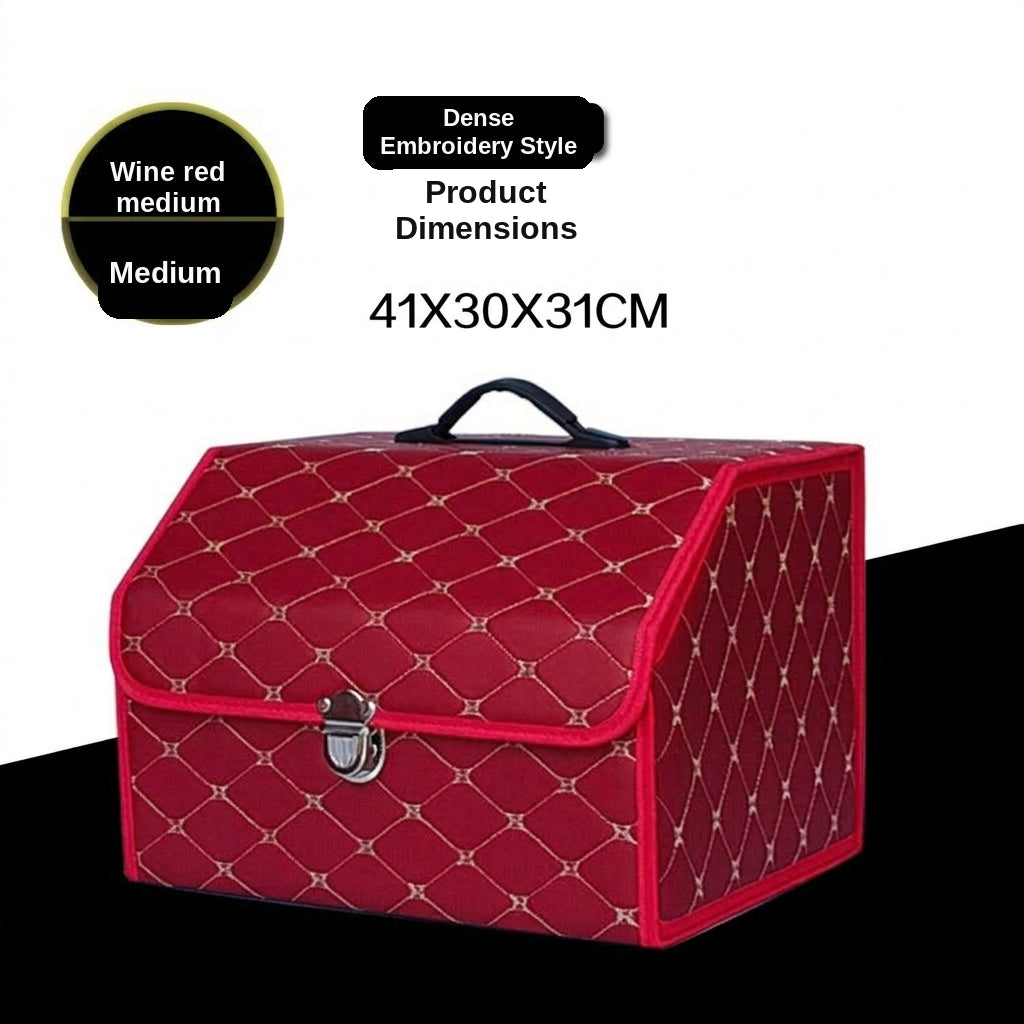 Car trunk storage box, leather foldable car organizer box, large capacity metal locking with handle storage box