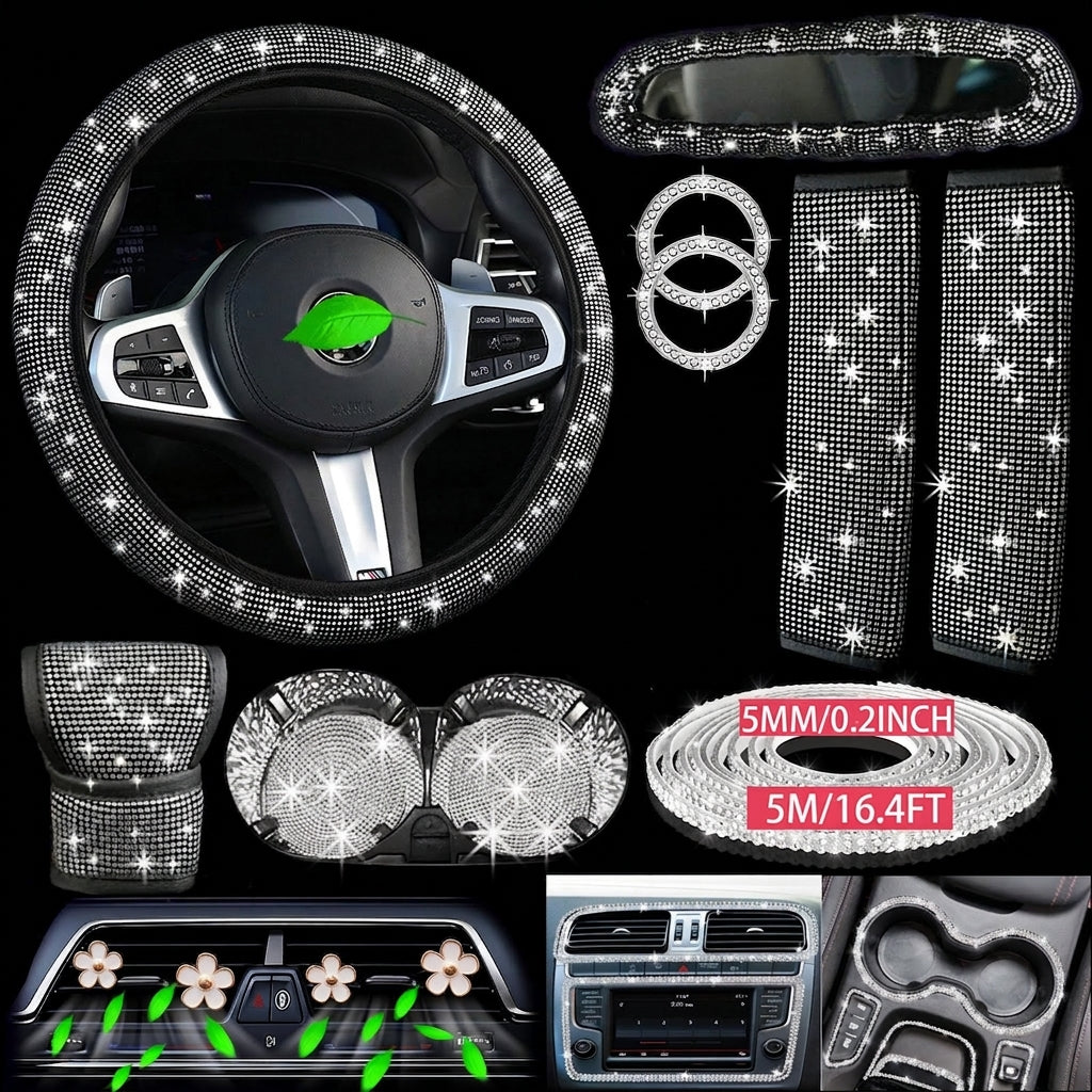 Cross-border foreign trade cars with hot diamonds, steering wheel covers, seat belts, shoulder pads, and diamond-embedded vehicles, 14 items loaded with diamonds and with diamonds