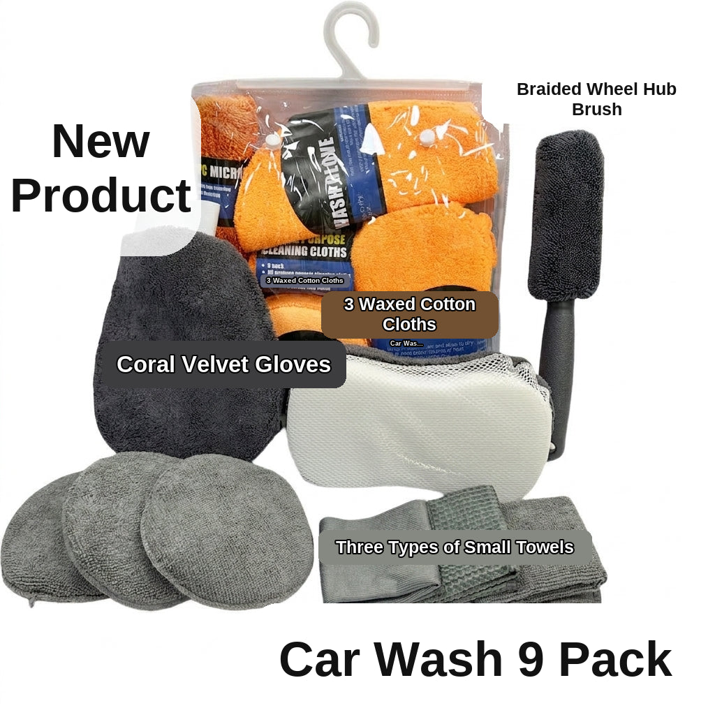 Car cleaning 9-piece set: car towels, home car wash gloves, car washing towels, rags, waxing sponges, hub brushes