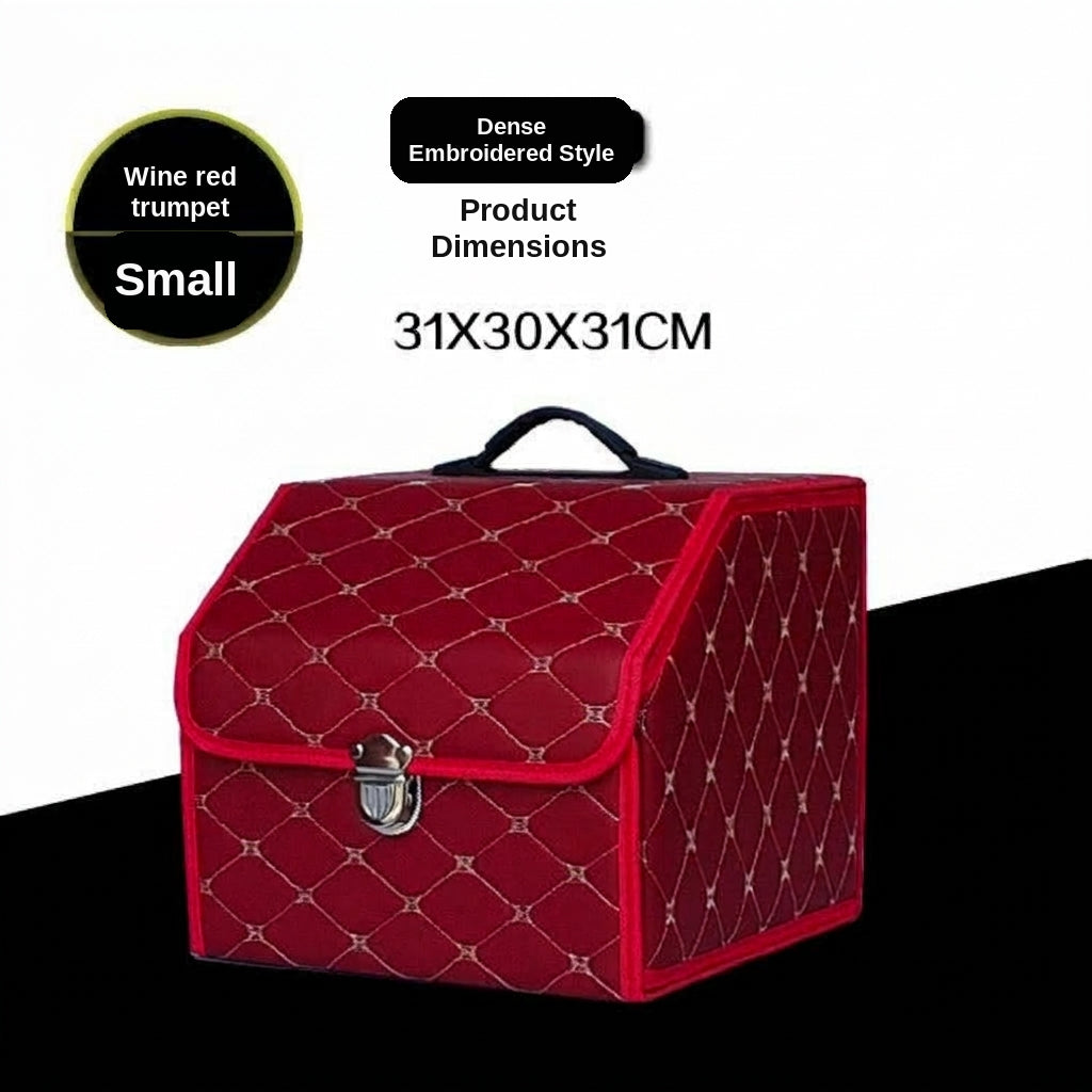 Car trunk storage box, leather foldable car organizer box, large capacity metal locking with handle storage box