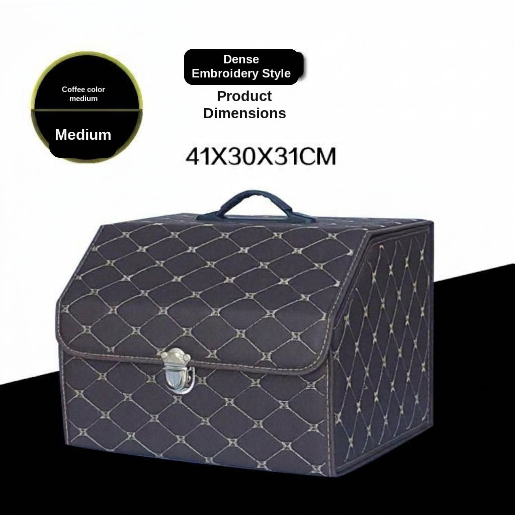 Car trunk storage box, leather foldable car organizer box, large capacity metal locking with handle storage box