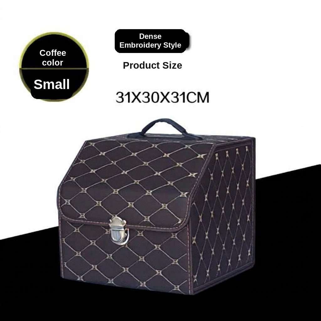 Car trunk storage box, leather foldable car organizer box, large capacity metal locking with handle storage box