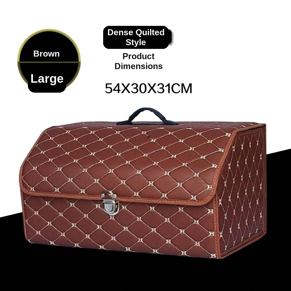 Car trunk storage box, leather foldable car organizer box, large capacity metal locking with handle storage box
