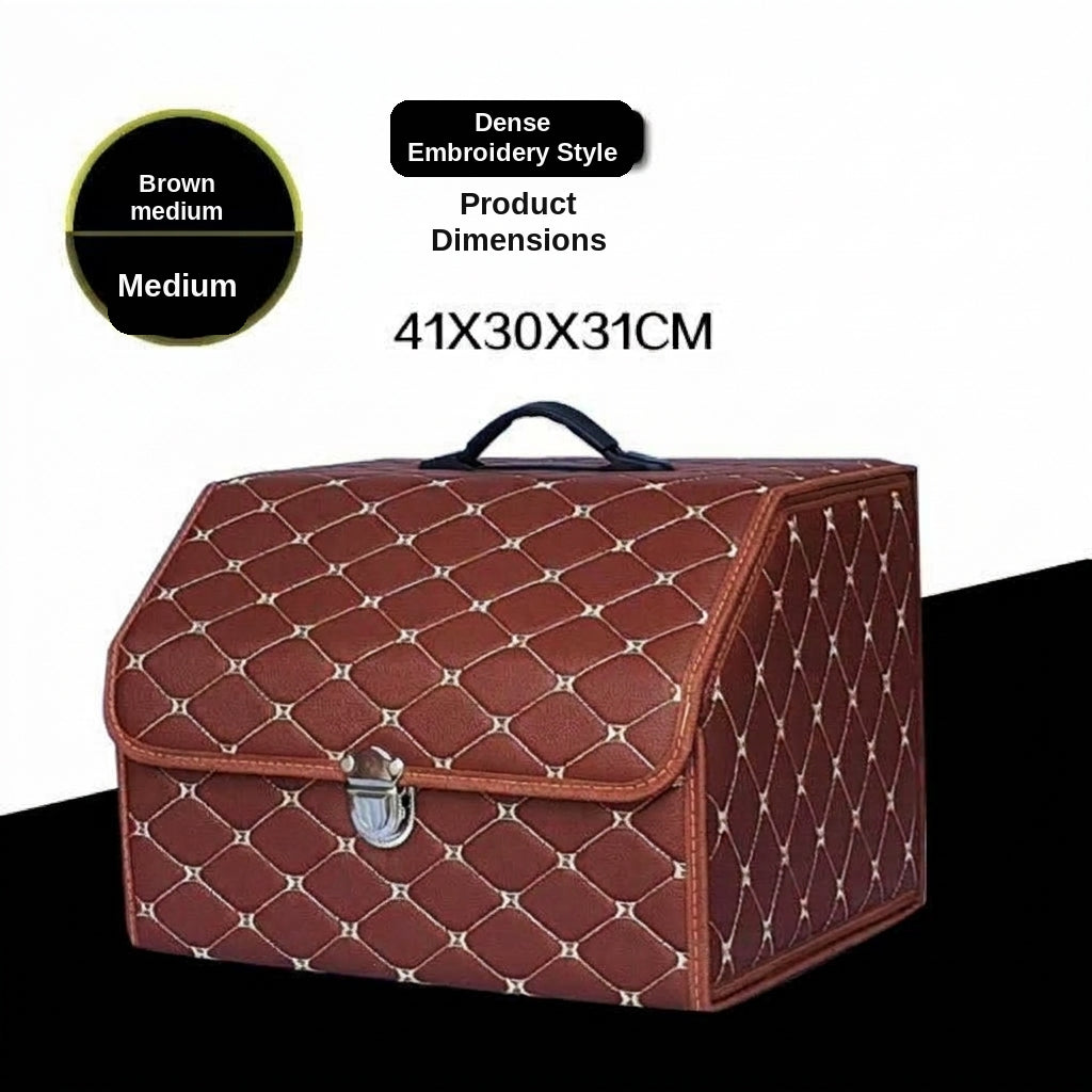 Car trunk storage box, leather foldable car organizer box, large capacity metal locking with handle storage box