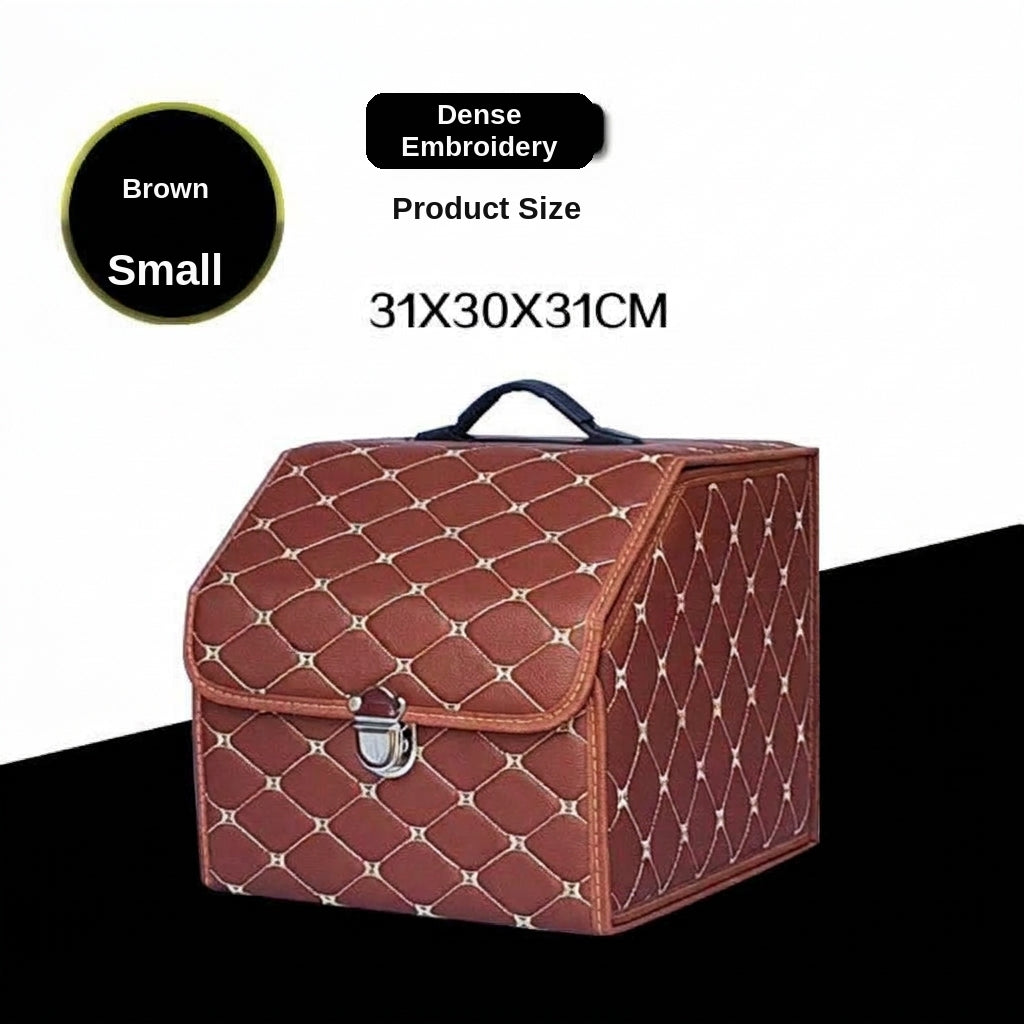 Car trunk storage box, leather foldable car organizer box, large capacity metal locking with handle storage box