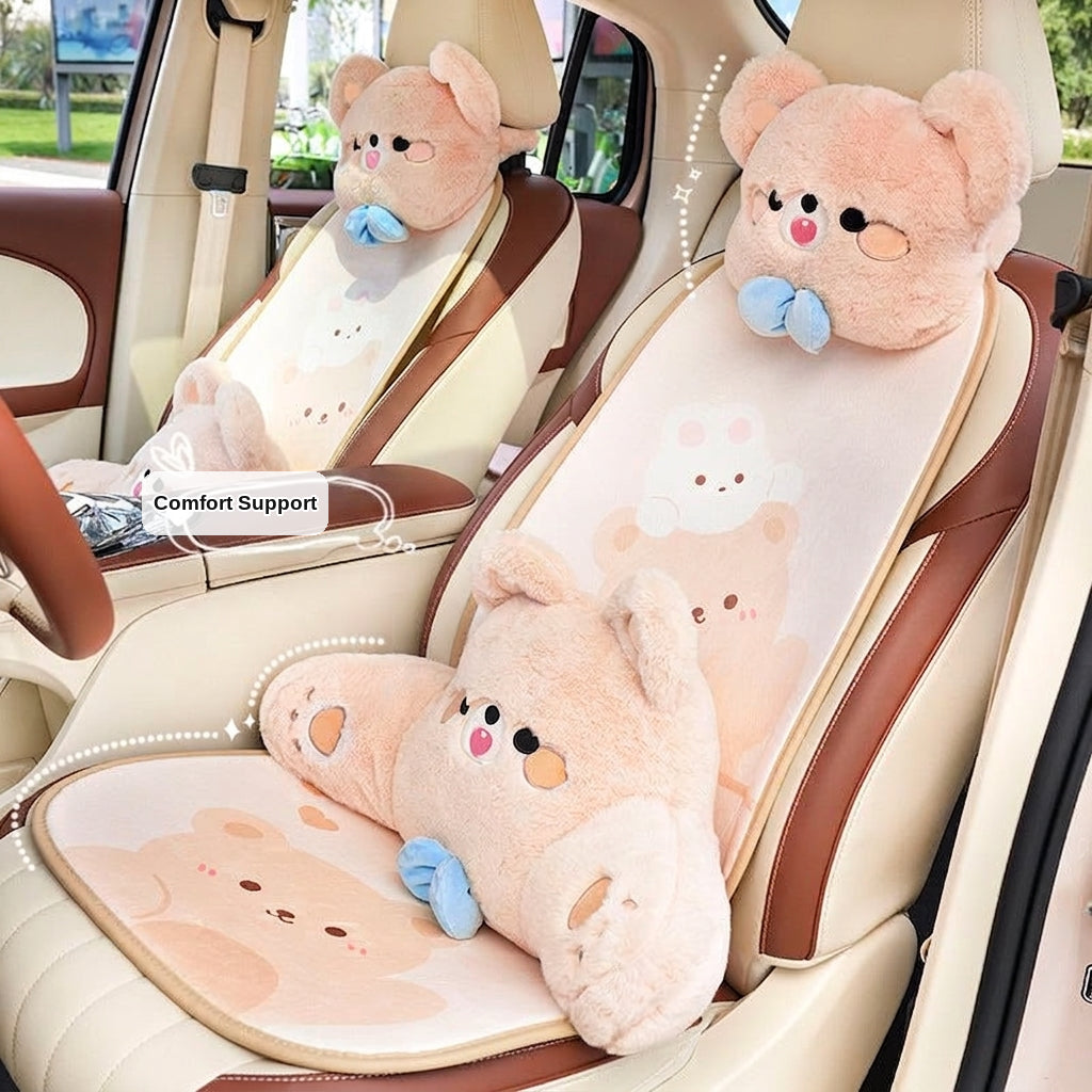 Car headrest, plush bow little bear pillow, comfortable neck pillow cushion, cute cartoon car interior lumbar support