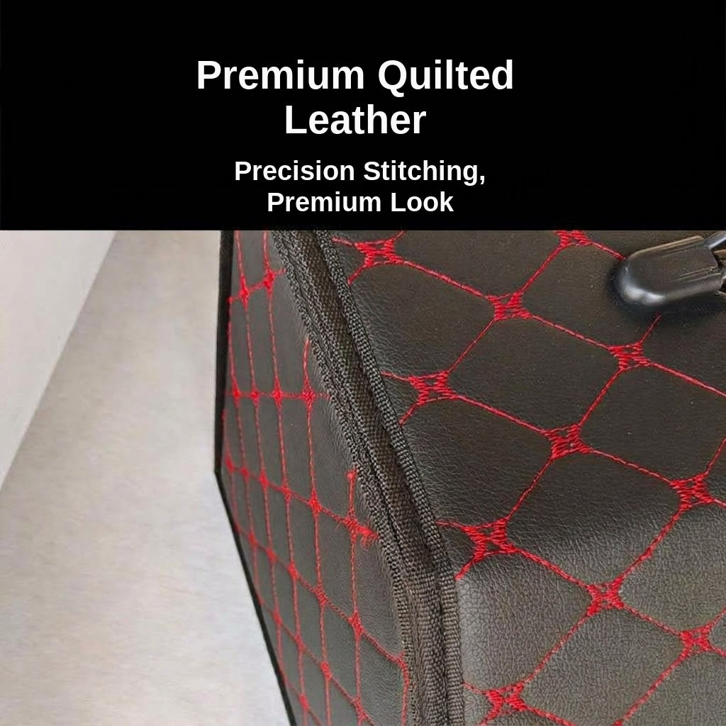 Car trunk storage box, leather foldable car organizer box, large capacity metal locking with handle storage box