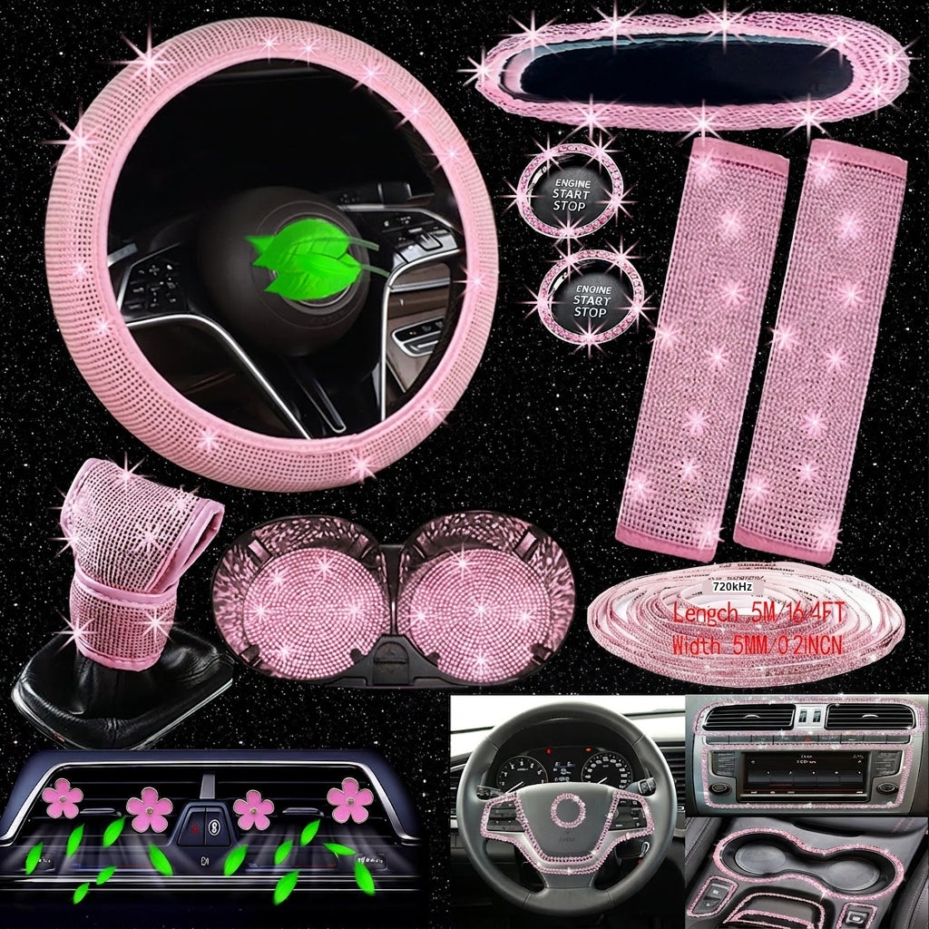 Cross-border foreign trade cars with hot diamonds, steering wheel covers, seat belts, shoulder pads, and diamond-embedded vehicles, 14 items loaded with diamonds and with diamonds