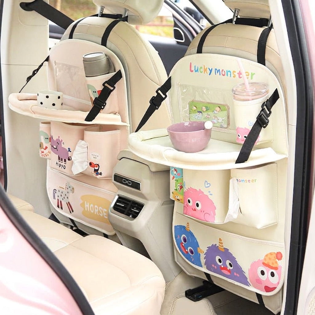Car multifunctional seat back storage bag, anti-kick pad, convenient cartoon cute tissue box, tissue storage bag, storage box