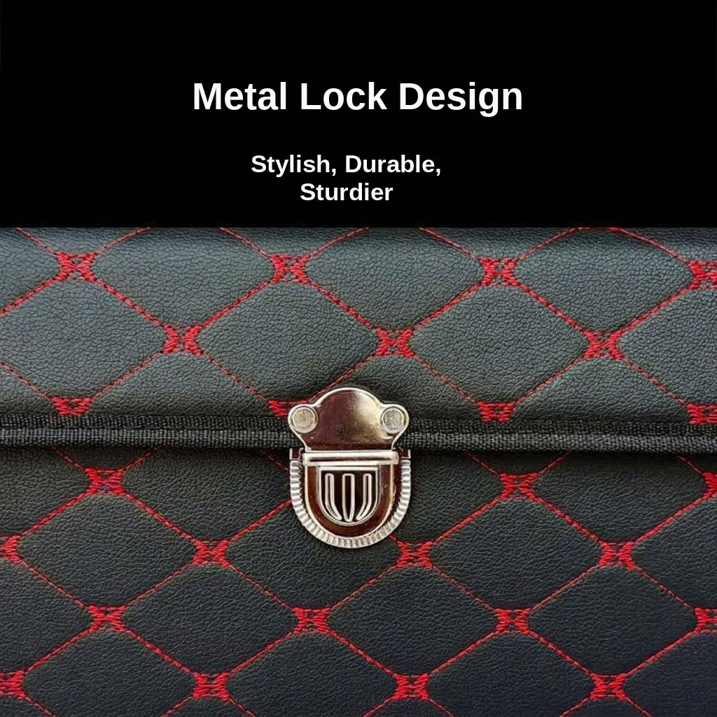 Car trunk storage box, leather foldable car organizer box, large capacity metal locking with handle storage box