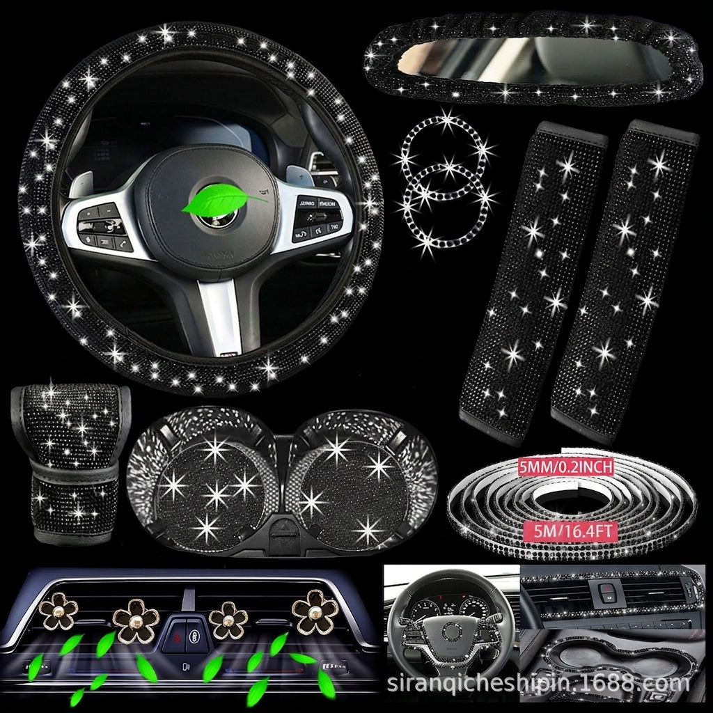 Cross-border foreign trade cars with hot diamonds, steering wheel covers, seat belts, shoulder pads, and diamond-embedded vehicles, 14 items loaded with diamonds and with diamonds