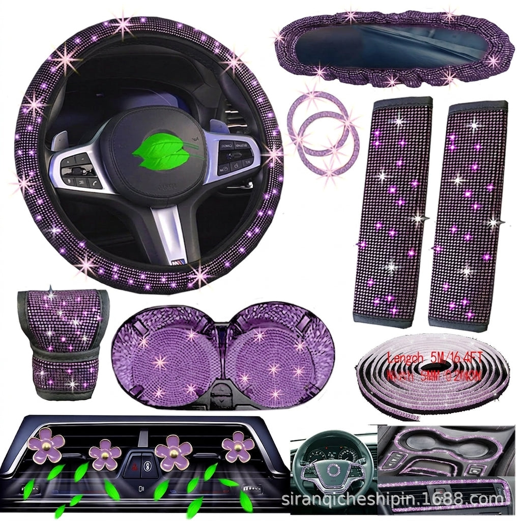 Cross-border foreign trade cars with hot diamonds, steering wheel covers, seat belts, shoulder pads, and diamond-embedded vehicles, 14 items loaded with diamonds and with diamonds