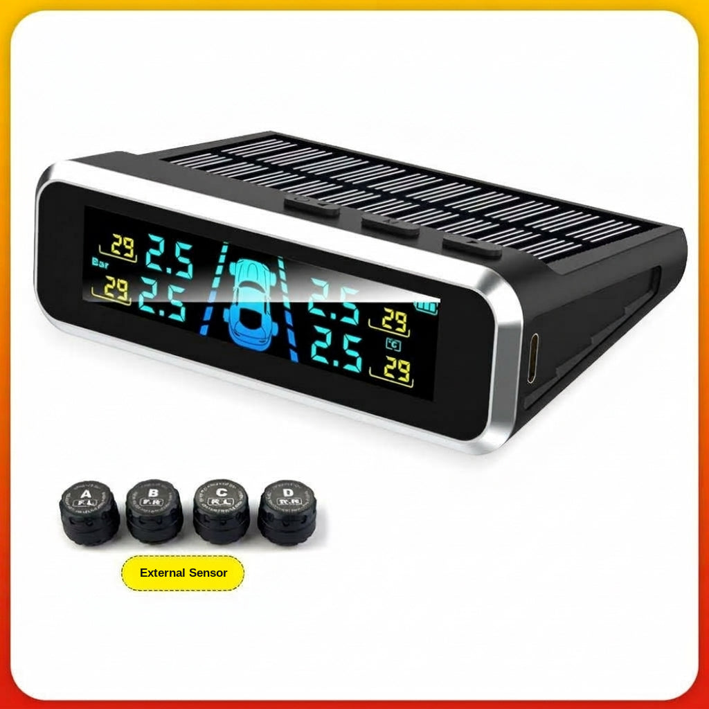 Tire pressure monitor, solar external sensor, high precision automotive tire pressure monitor, tire pressure sensor