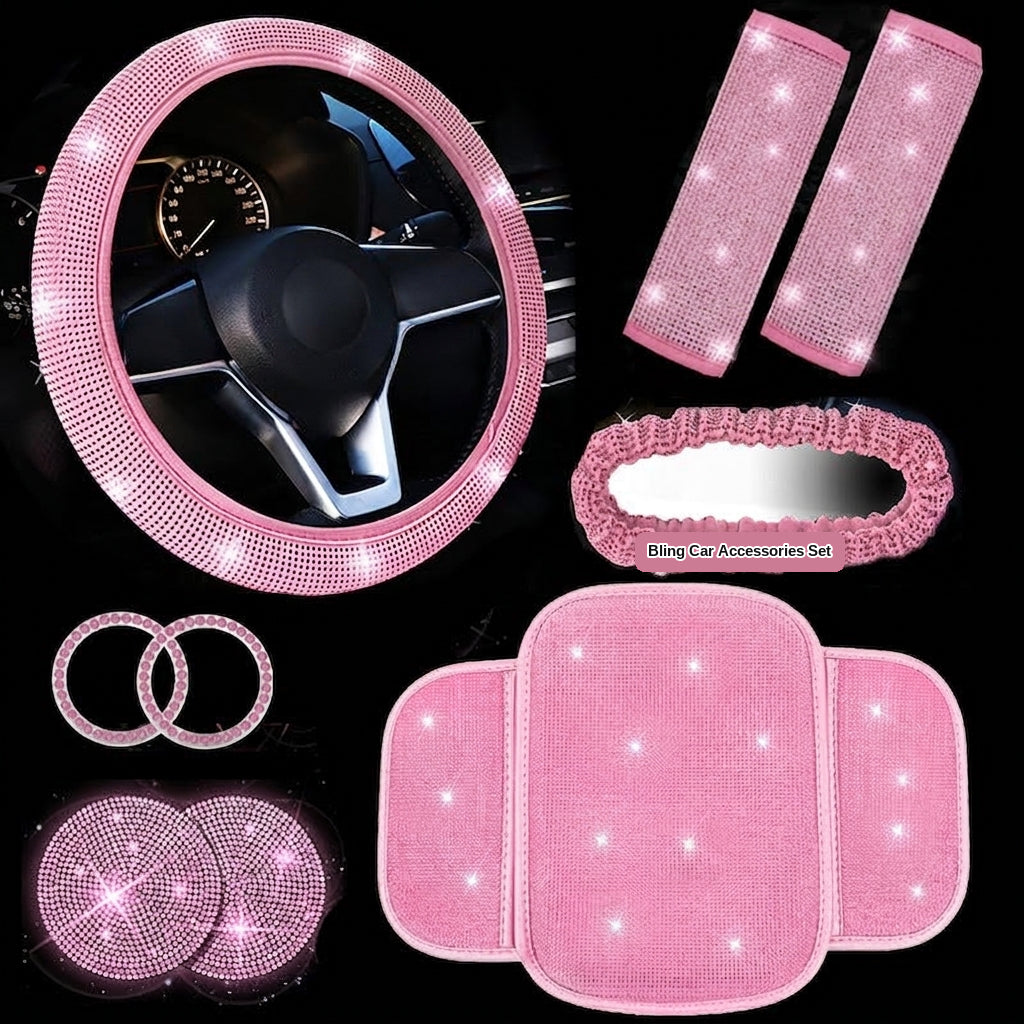 Car steering wheel cover, diamond-studded full diamond set, seat belt, shoulder pad, rearview mirror armrest, box mat, starter ring, nine-piece set