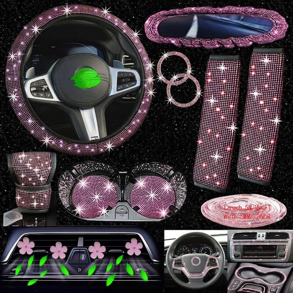 Cross-border foreign trade cars with hot diamonds, steering wheel covers, seat belts, shoulder pads, and diamond-embedded vehicles, 14 items loaded with diamonds and with diamonds