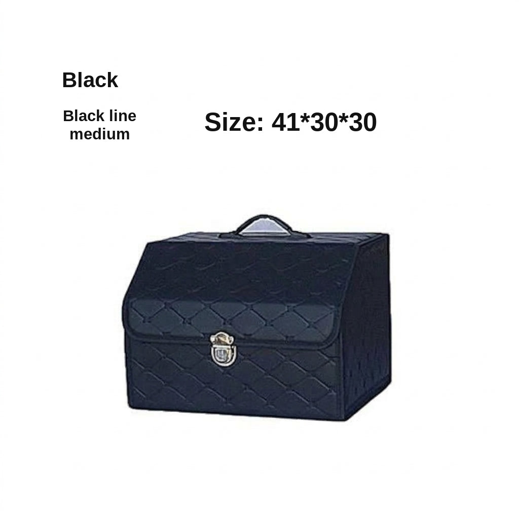 Car trunk storage box, leather foldable car organizer box, large capacity metal locking with handle storage box