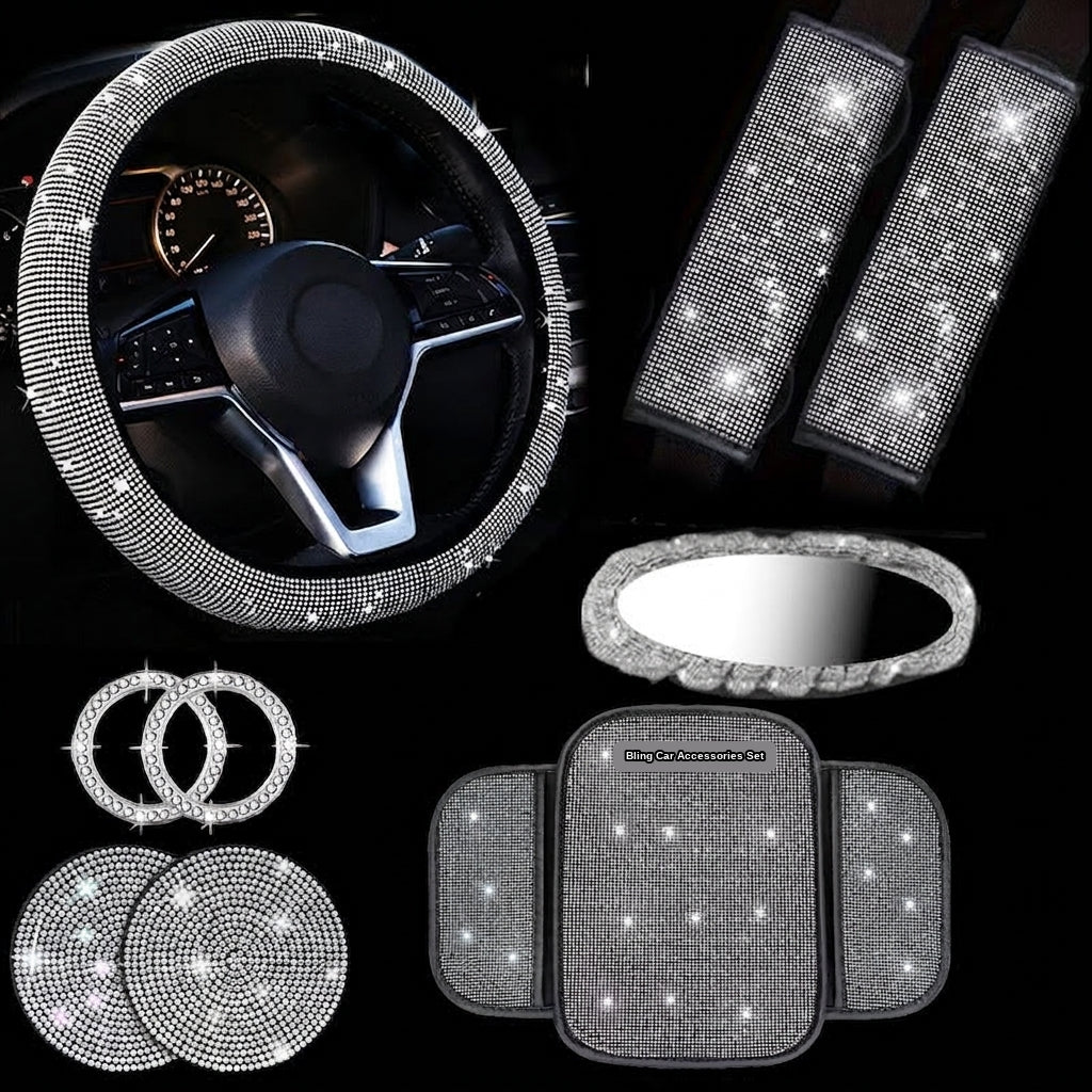 Car steering wheel cover, diamond-studded full diamond set, seat belt, shoulder pad, rearview mirror armrest, box mat, starter ring, nine-piece set