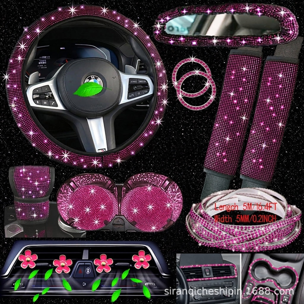 Cross-border foreign trade cars with hot diamonds, steering wheel covers, seat belts, shoulder pads, and diamond-embedded vehicles, 14 items loaded with diamonds and with diamonds