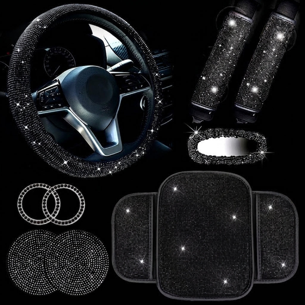 Car steering wheel cover, diamond-studded full diamond set, seat belt, shoulder pad, rearview mirror armrest, box mat, starter ring, nine-piece set
