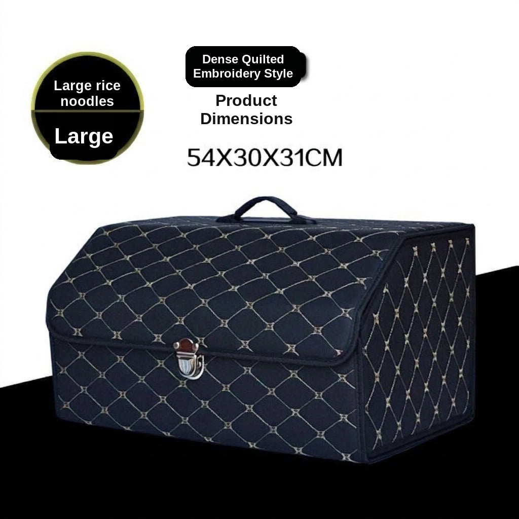 Car trunk storage box, leather foldable car organizer box, large capacity metal locking with handle storage box
