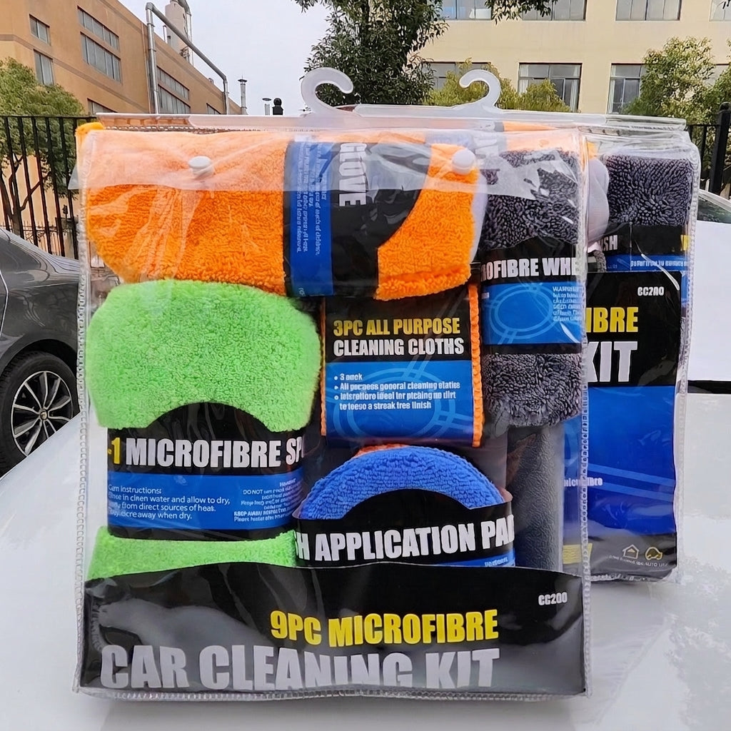 Car Wash 9-Piece Set: Car Cleaning Supplies, Wheel Hub Brush, Polishing Waxing Sponge Blocks, Car Wash Towels, Car Wipes