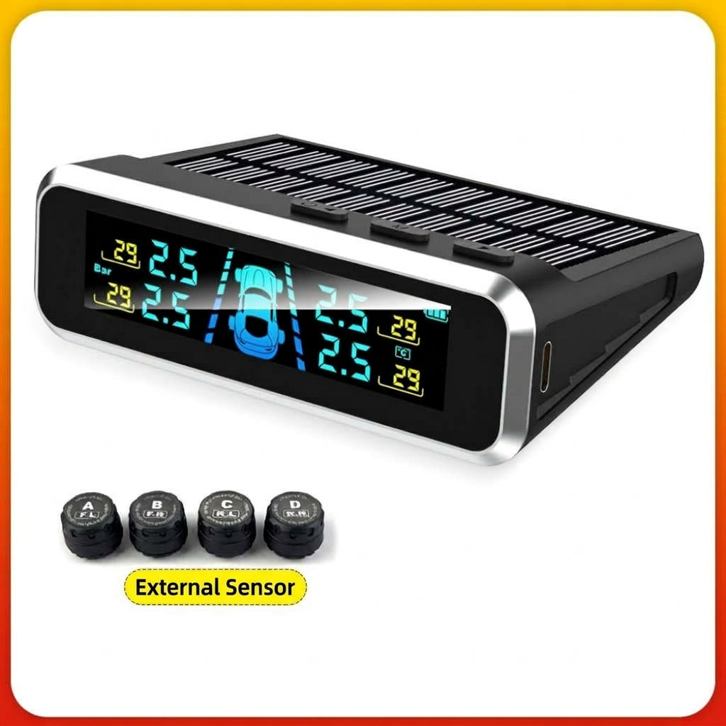 Tire pressure monitor, solar external sensor, high precision automotive tire pressure monitor, tire pressure sensor