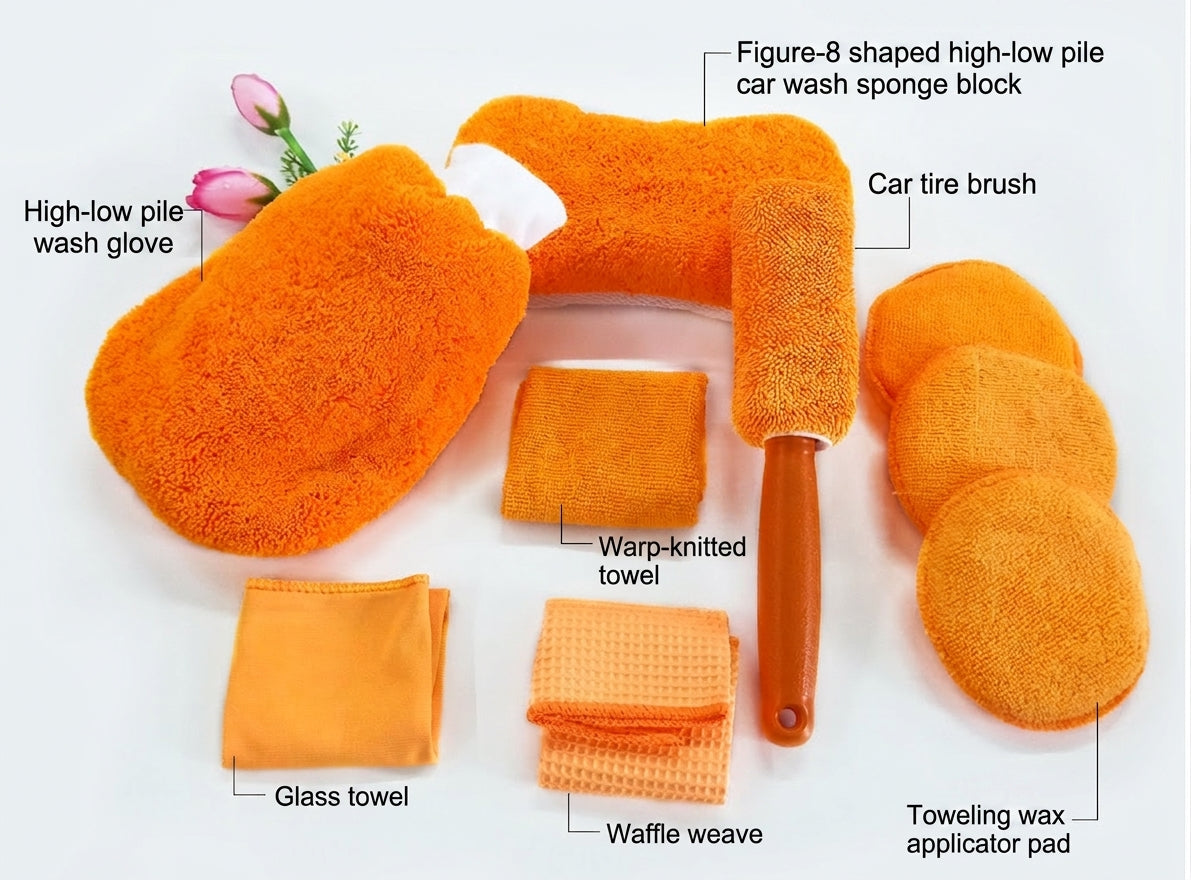 Car Wash 9-Piece Set: Car Cleaning Supplies, Wheel Hub Brush, Polishing Waxing Sponge Blocks, Car Wash Towels, Car Wipes