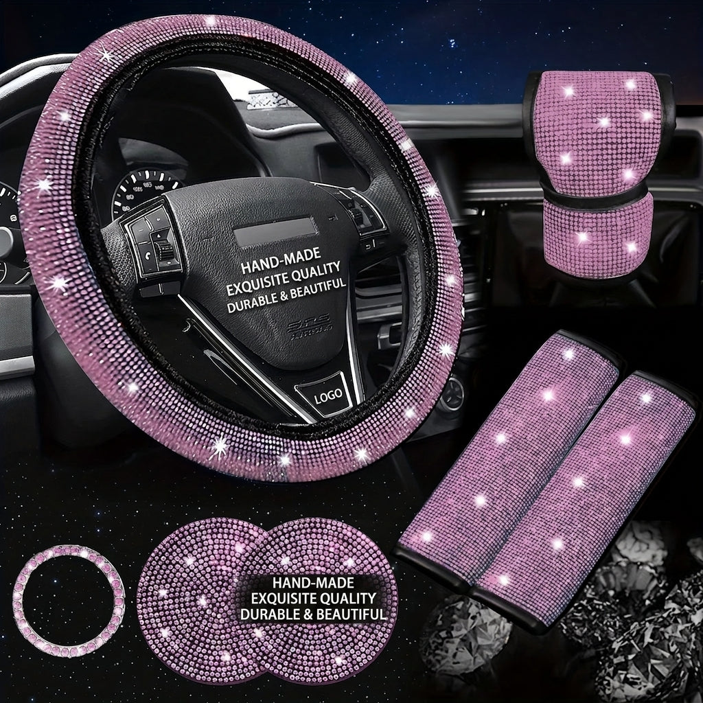 Car steering wheel cover, universal rhinestone-inlaid seatbelt cover, shoulder pad, seven-piece cross-border bestseller set