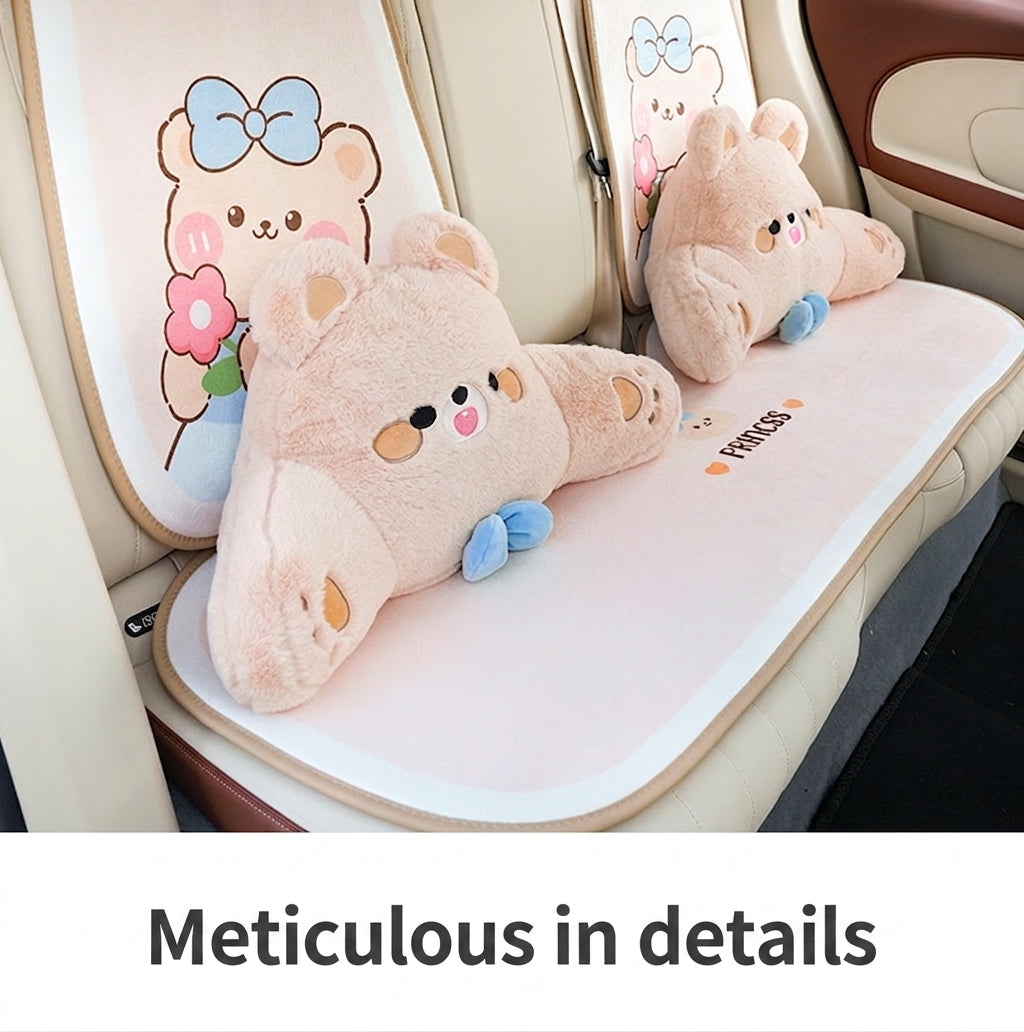 Car headrest, plush bow little bear pillow, comfortable neck pillow cushion, cute cartoon car interior lumbar support