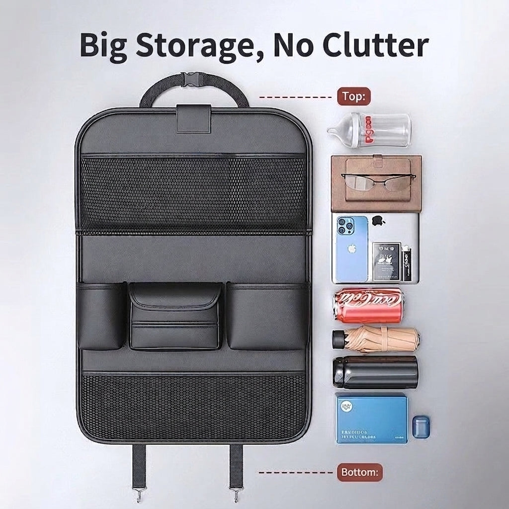 Car seat back storage bag, leather rear storage box, dining table model car seat back hanging bag, anti-kick mat