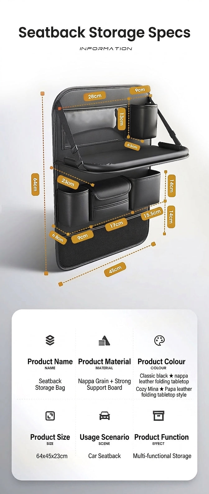 Car seatback storage bag, hanging bag, car front seat, rear seat shelf, small table, and in-car artifact