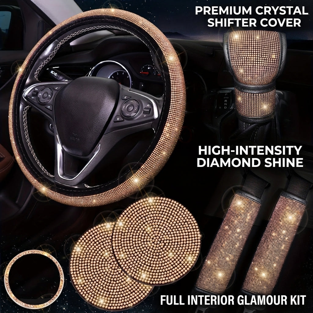 Car steering wheel cover, universal rhinestone-inlaid seatbelt cover, shoulder pad, seven-piece cross-border bestseller set