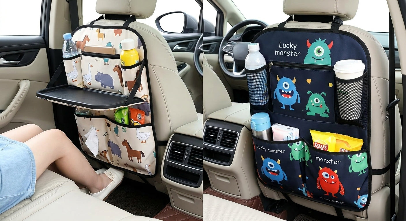 Car multifunctional seat back storage bag, anti-kick pad, convenient cartoon cute tissue box, tissue storage bag, storage box