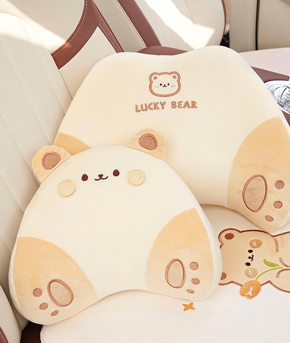 Cartoon memory foam car headrest, all-season plush car, soft seat lumbar pad, creative car lumbar support