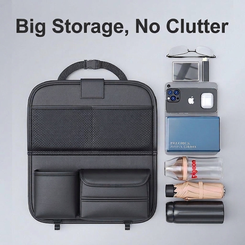 Car seat back storage bag, leather rear storage box, dining table model car seat back hanging bag, anti-kick mat