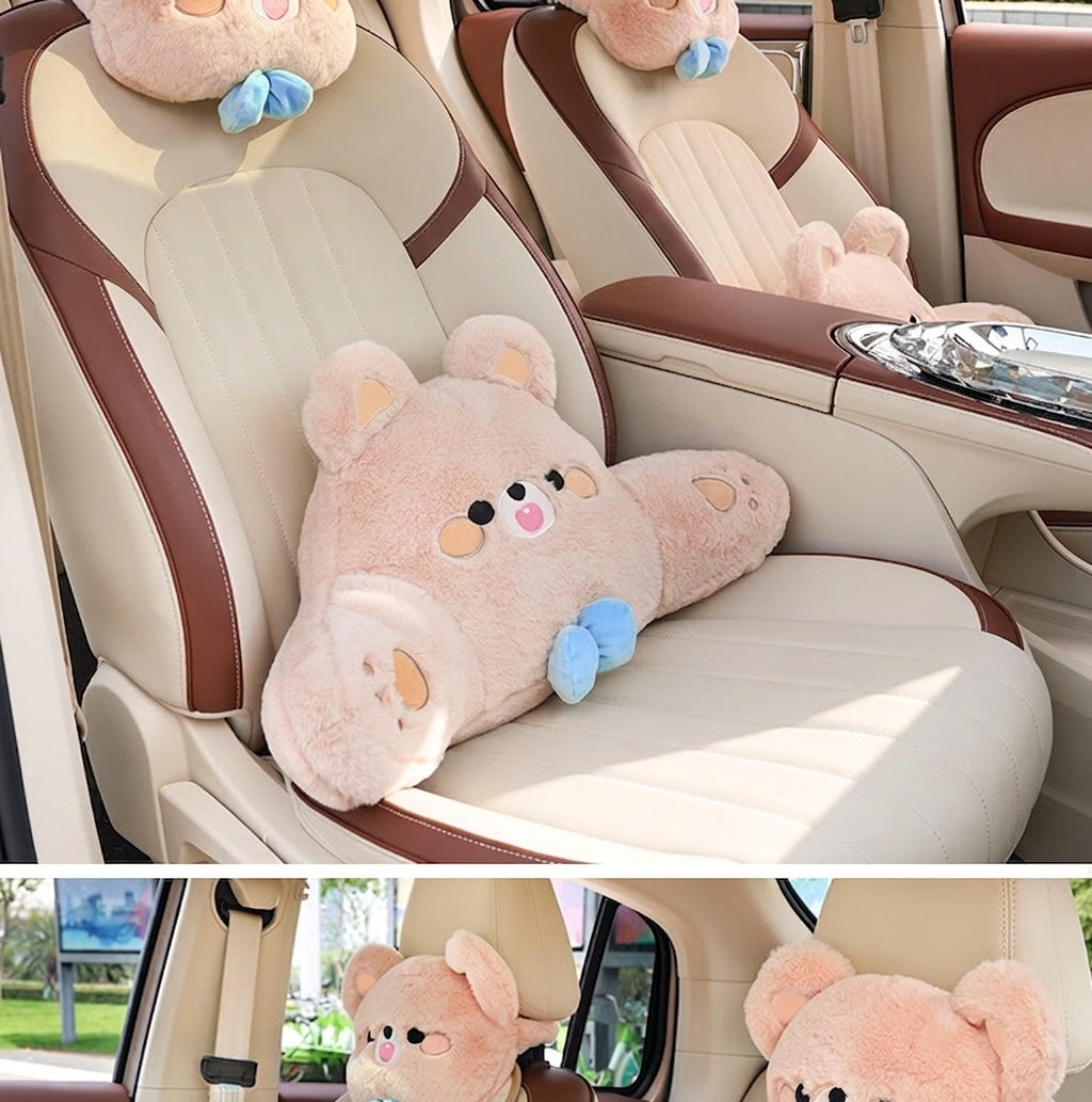 Car headrest, plush bow little bear pillow, comfortable neck pillow cushion, cute cartoon car interior lumbar support