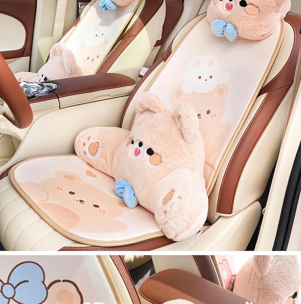Car headrest, plush bow little bear pillow, comfortable neck pillow cushion, cute cartoon car interior lumbar support
