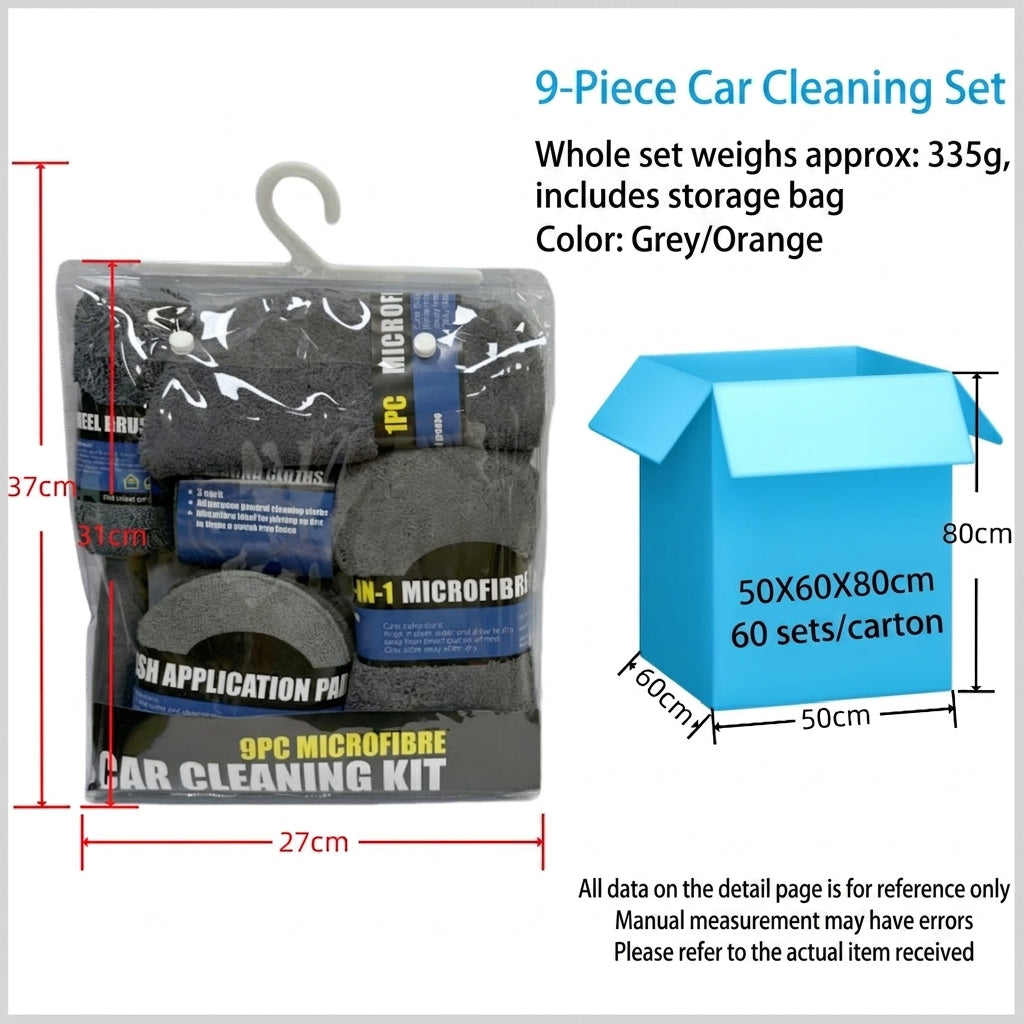 Car cleaning 9-piece set: car towels, home car wash gloves, car washing towels, rags, waxing sponges, hub brushes
