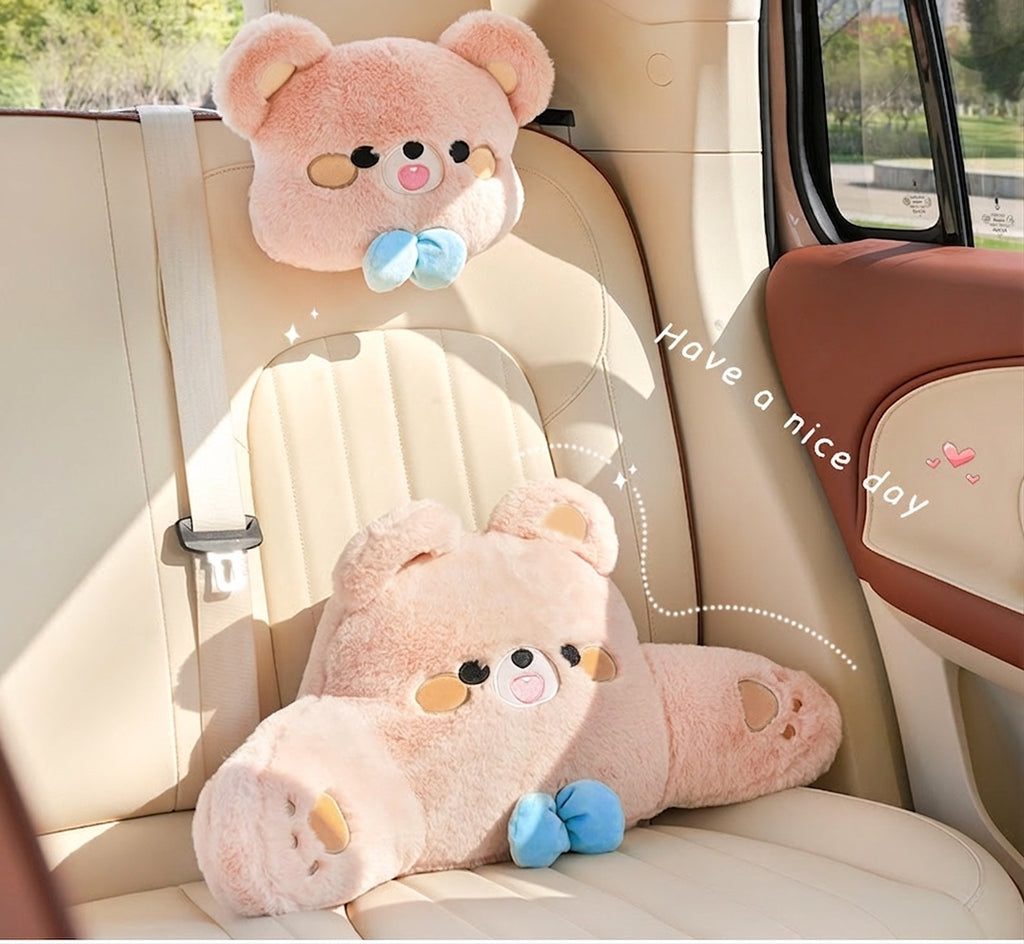 Car headrest, plush bow little bear pillow, comfortable neck pillow cushion, cute cartoon car interior lumbar support