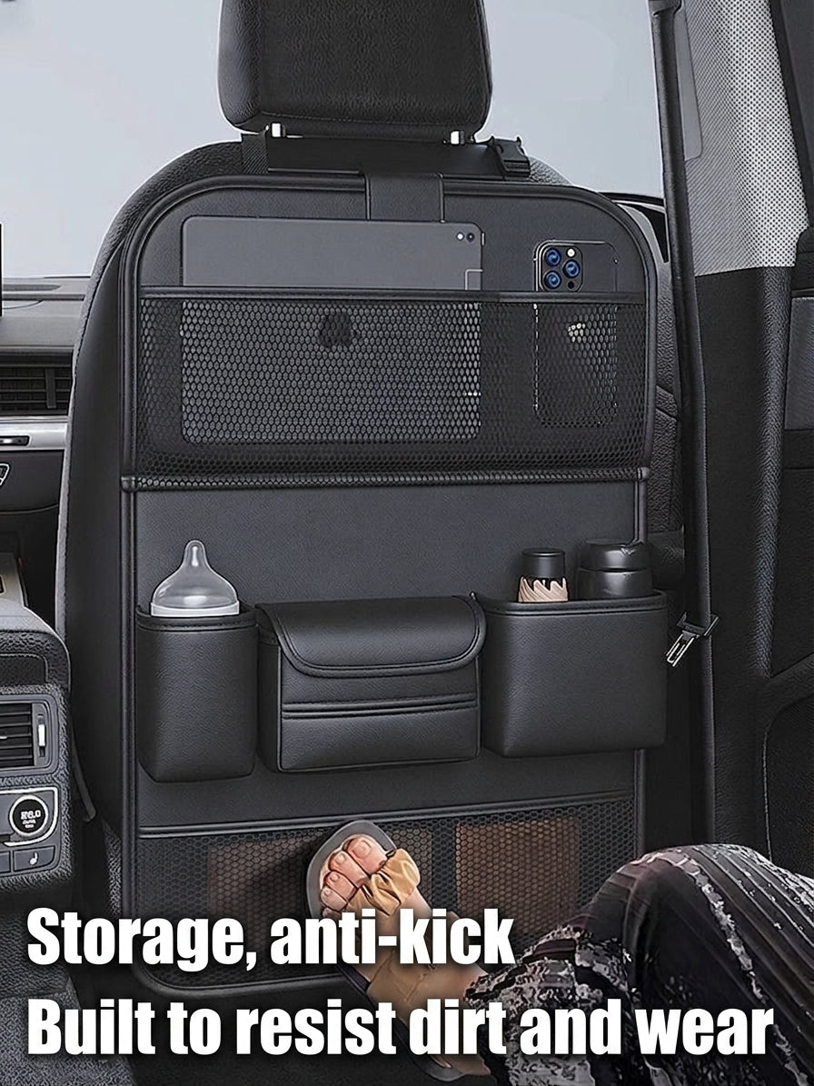 Car seat back storage bag, leather rear storage box, dining table model car seat back hanging bag, anti-kick mat