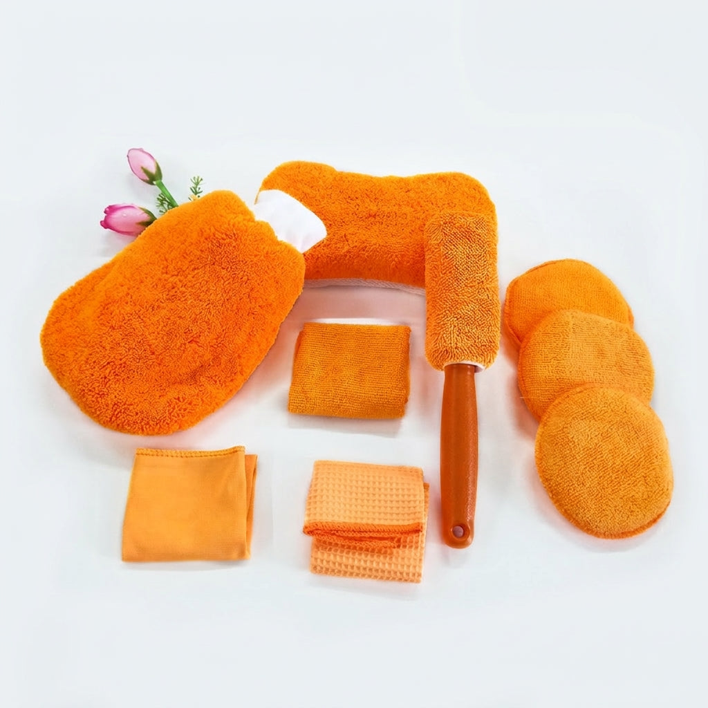 Car Wash 9-Piece Set: Car Cleaning Supplies, Wheel Hub Brush, Polishing Waxing Sponge Blocks, Car Wash Towels, Car Wipes