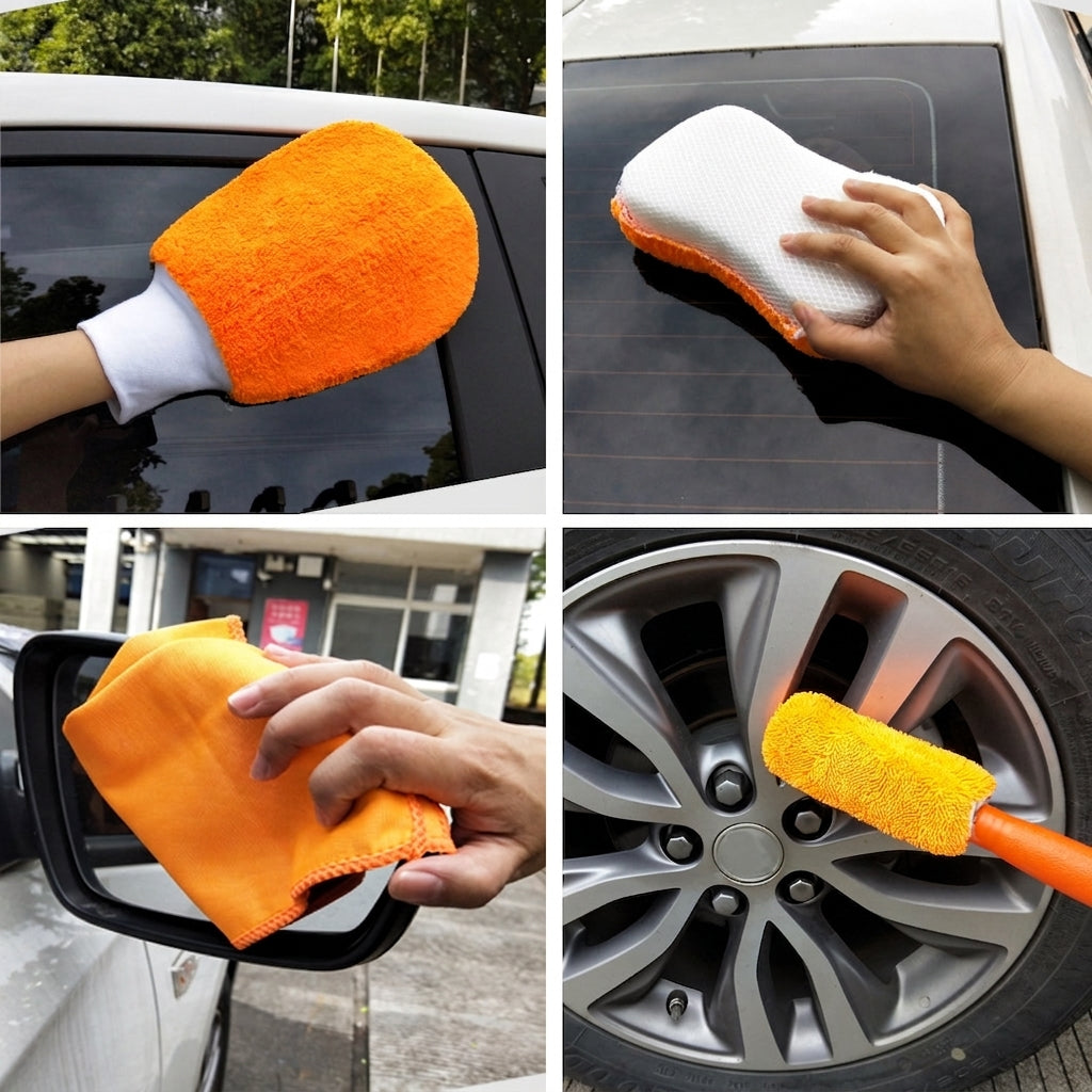 Car Wash 9-Piece Set: Car Cleaning Supplies, Wheel Hub Brush, Polishing Waxing Sponge Blocks, Car Wash Towels, Car Wipes
